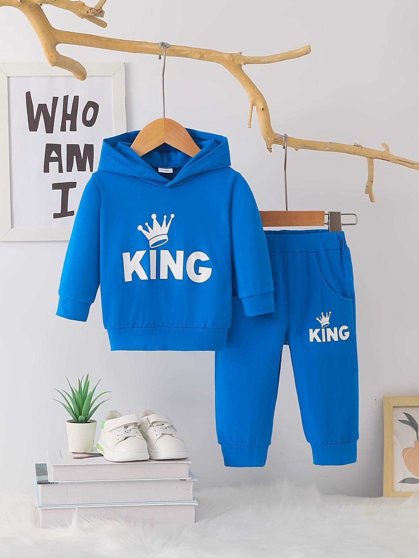 2 հատ Baby Boy's Casual Fashion Outfit Hooded KING Print երկարաթև մարզաշապիկ + շալվար բացօթյա հավաքածու