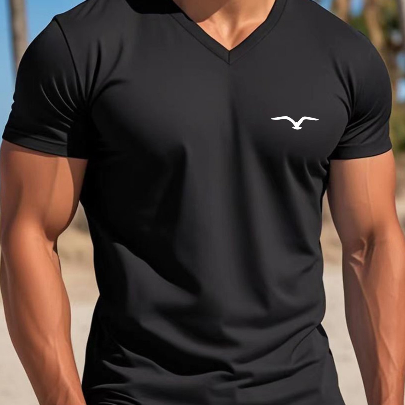 Men's Lightweight Black V-Neck T-Shirt with Seagull Print - Casual Short Sleeve Summer Top, Breathable Stretchy Fabric, Perfect for Casual Attire or Beach Outings, Outdoor Activity Shirt Simple Style Tee Durable Casualw
