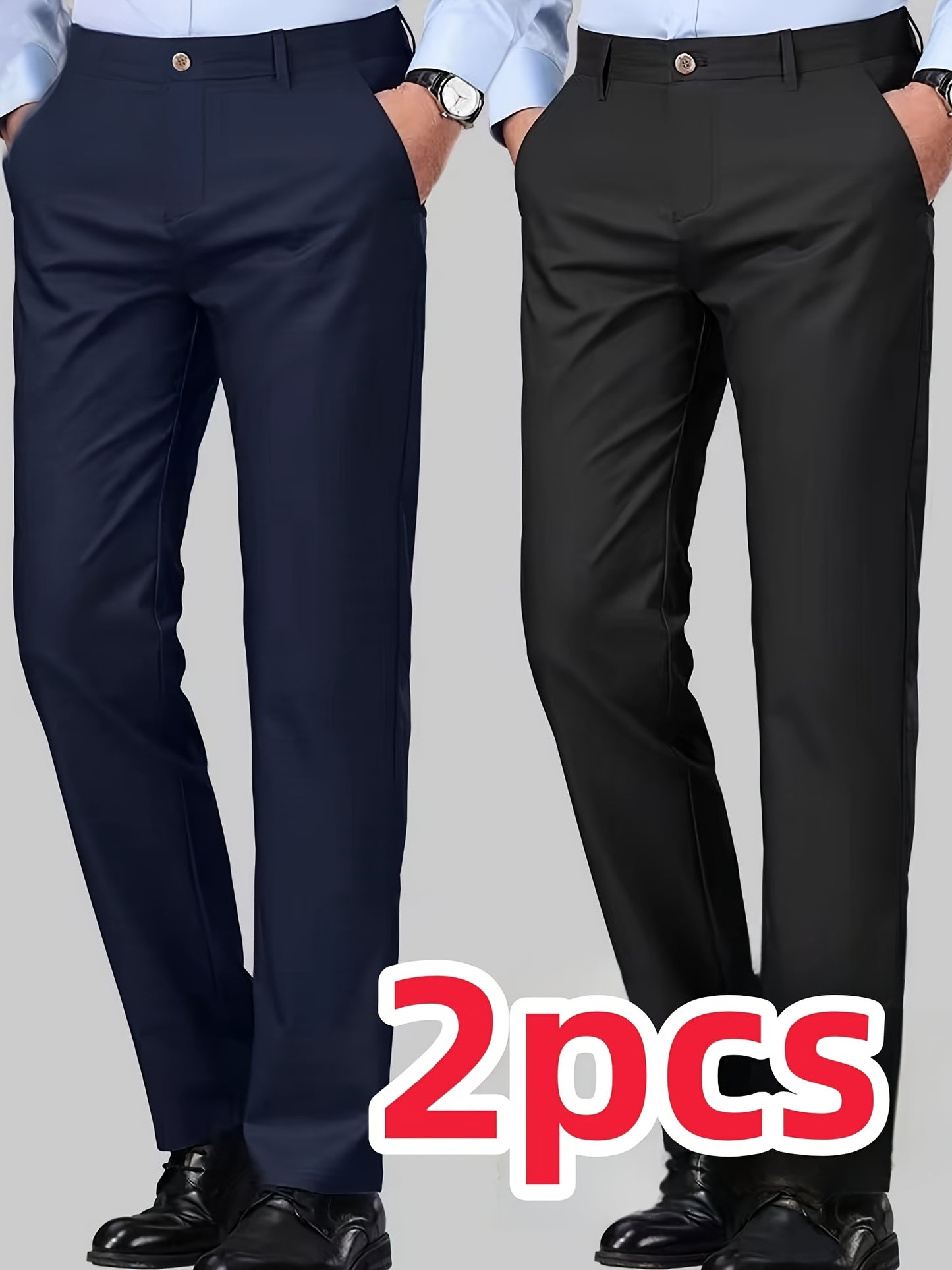 2pcs Men's Straight Leg Dress Pants, TR Fabric, Navy Blue & Black, Formal Business Suit Trousers for Office or Casual Wear, Lightweight Polyester Blend, Glossy Finish, Mid-Rise, All-Season
