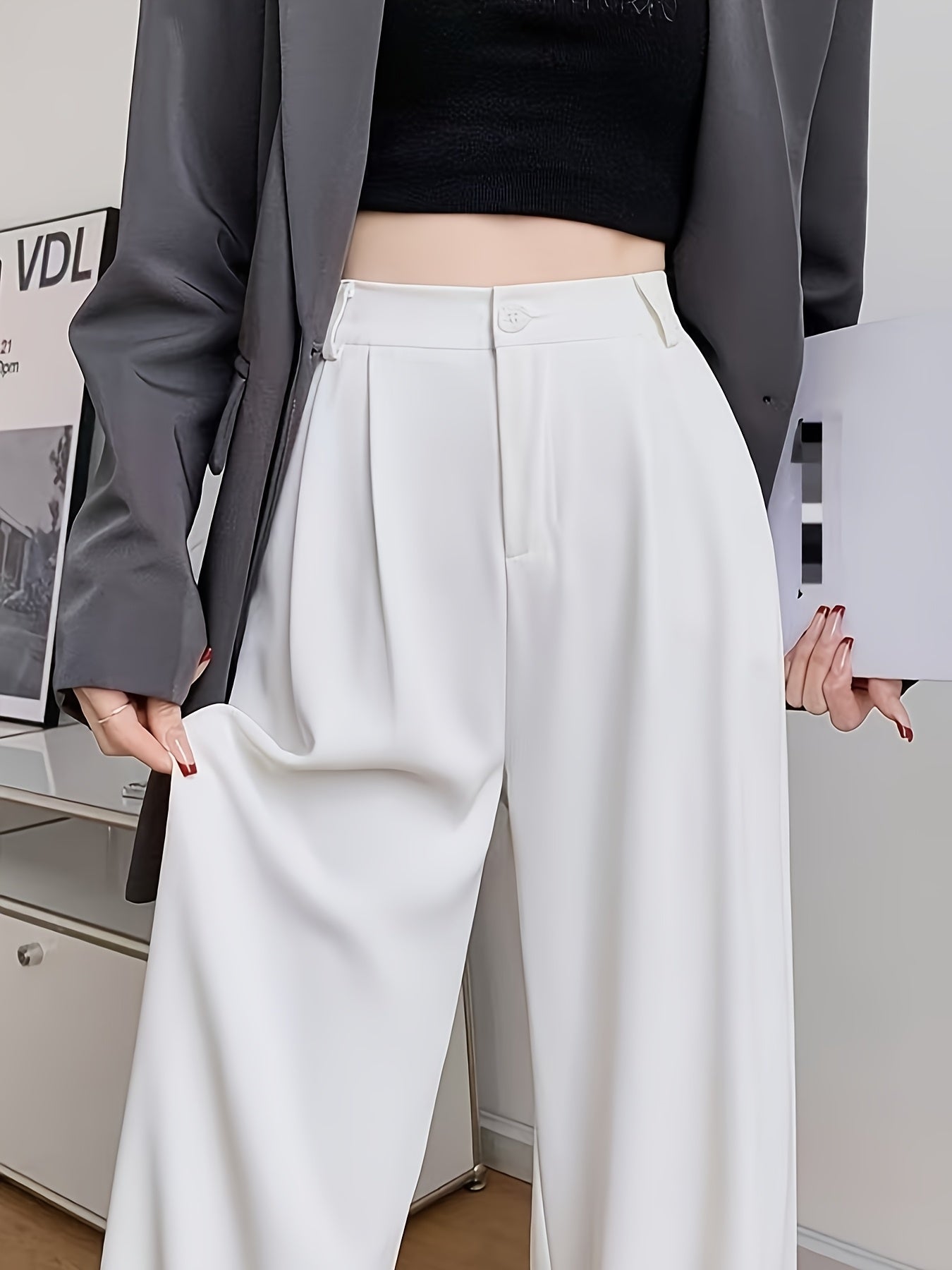 Women'S Elegant Solid Color Straight Leg Pants, Breathable, Comfortable, Fashion Commuter, Polyester, Elastic Waist, Loose Contour, 250g/㎡, for Adult, Spring/Summer/Fall
