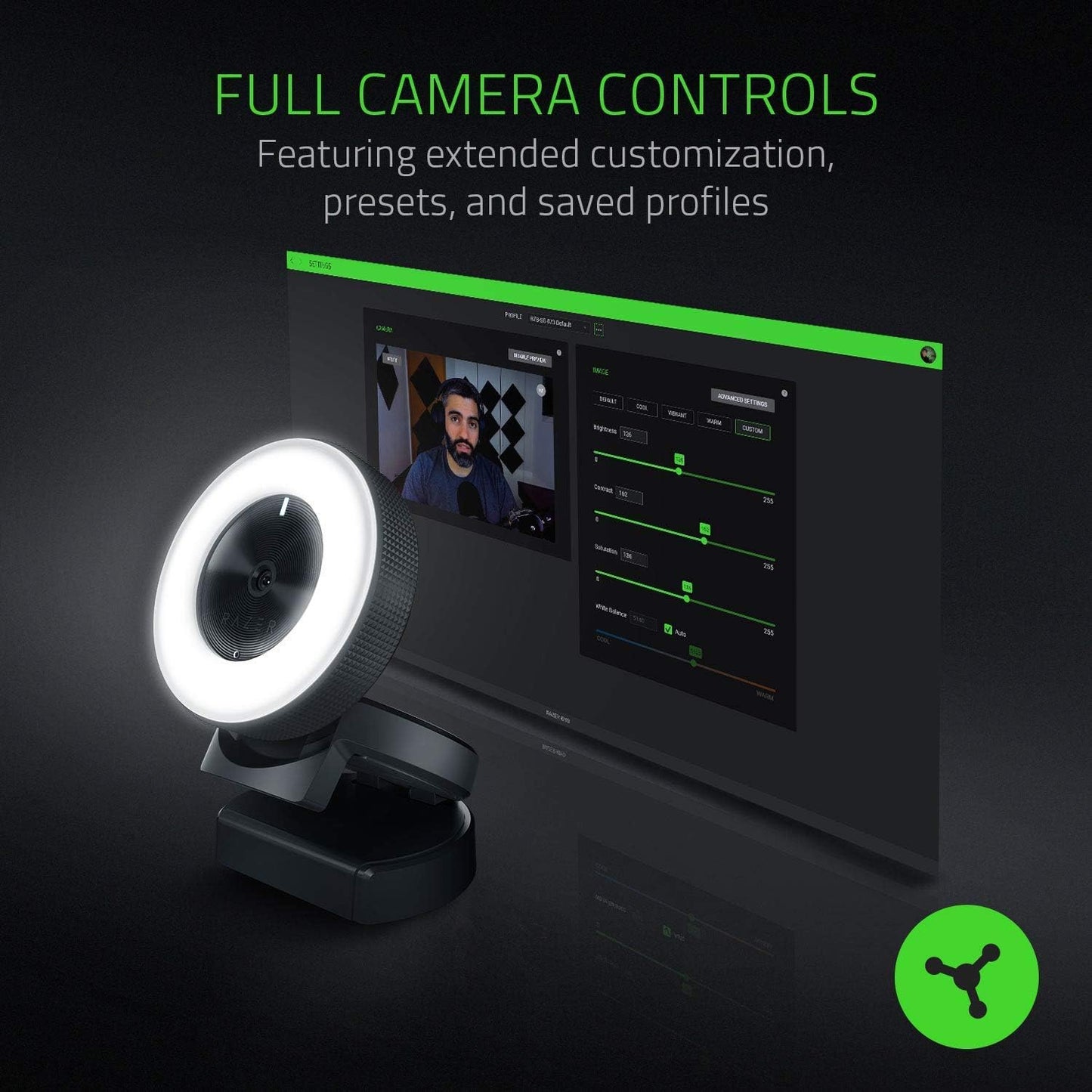 Razer Kiyo Full HD 1080P Lighting 12 LED Webcam, Black