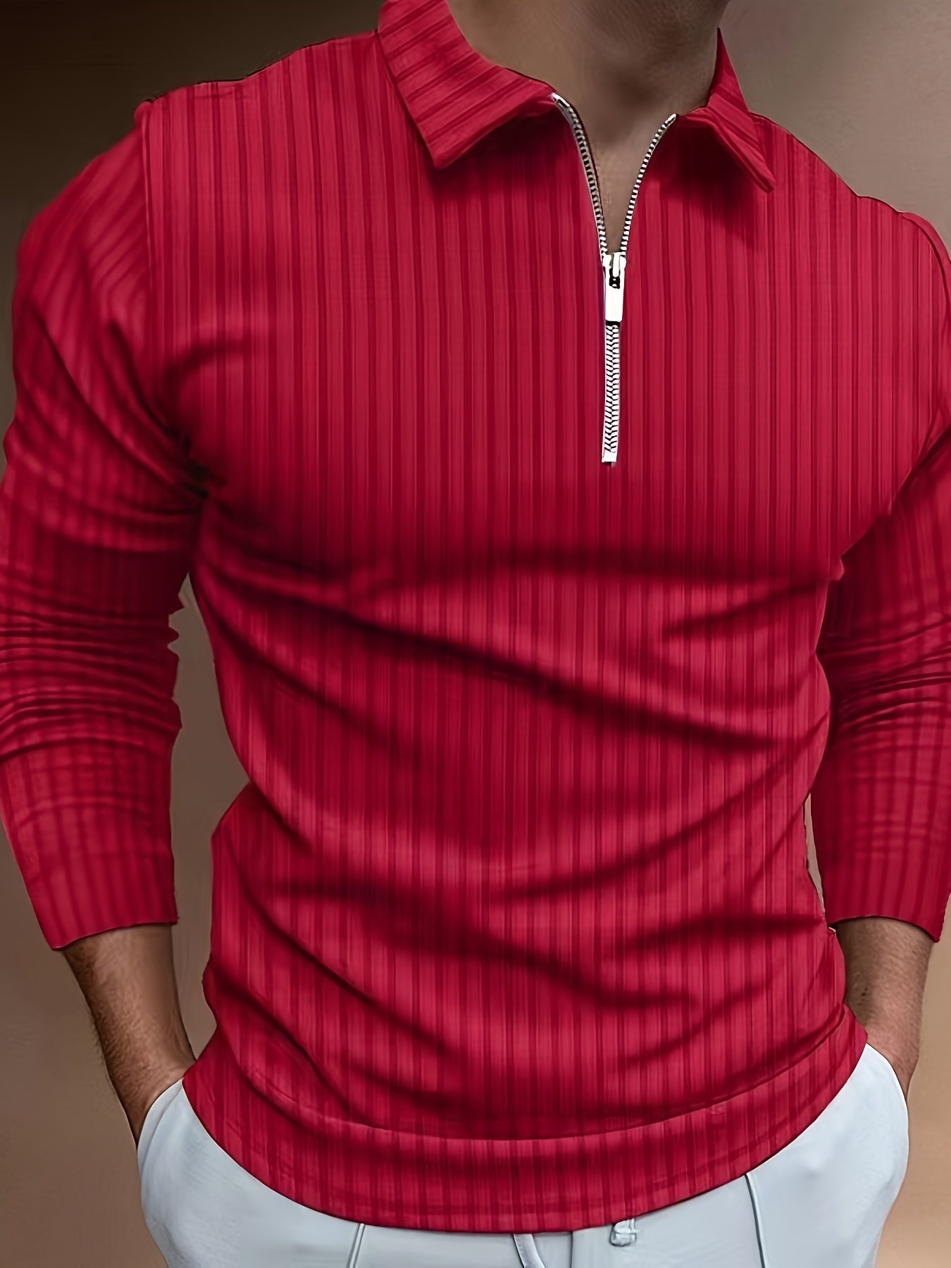 Men's Casual Sports Ribbed Long Sleeve Zipper Lapel Golf Shirt, Spring And Fall