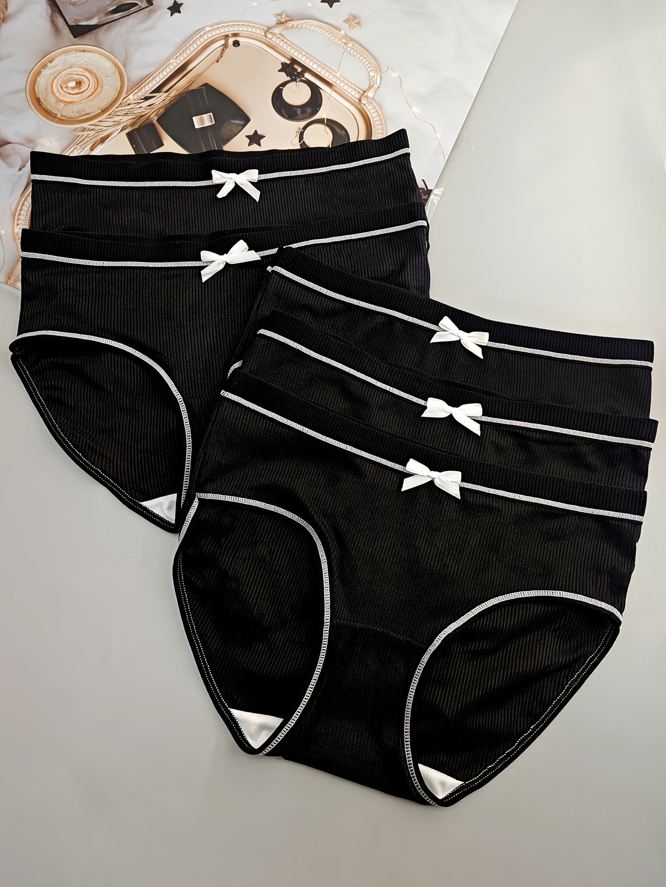 5pcs Chic Black Mid-Rise Women's Briefs with Cute White Bow Detail - Comfortable, Breathable & Sexy Ribbed Polyester Blend Panties, Hand Washable