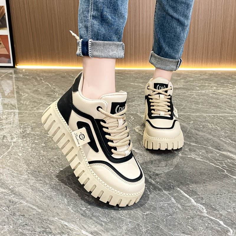 1 Pair Women'S Fashion Mid-Top Casual Sneakers, PU Upper, Fabric Lining, Rubber Sole, and EVA Insole, Lace-Up Design, with All-Season Versatile Athletic Shoes