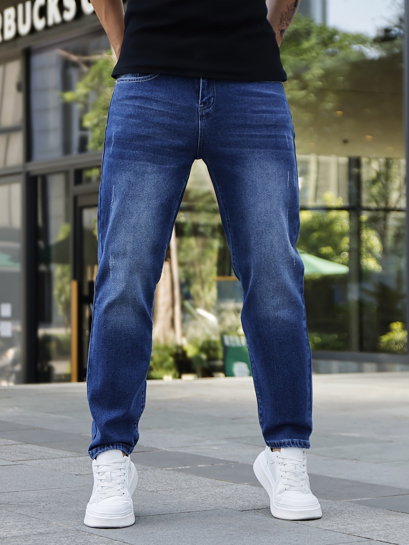 Men's Classic Slim Fit Jeans - Stretch Denim, Versatile for All Seasons, Solid Color