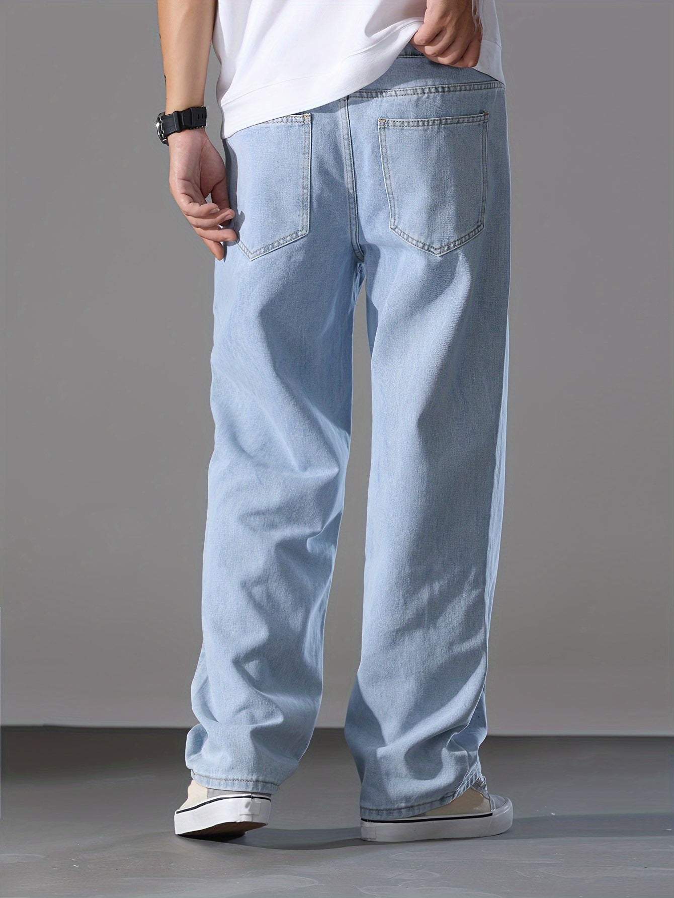 Men's Solid Denim Pants With Pockets, Causal Cotton Blend Jeans For Outdoor Activities
