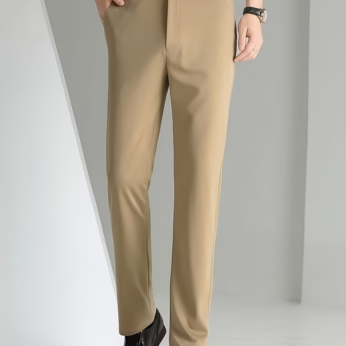 Men's Sleek Business Casual Dress Pants - Solid Black, Straight Leg, Wrinkle-Resistant Polyester Blend, All-Season Formal Trousers with Button Detail