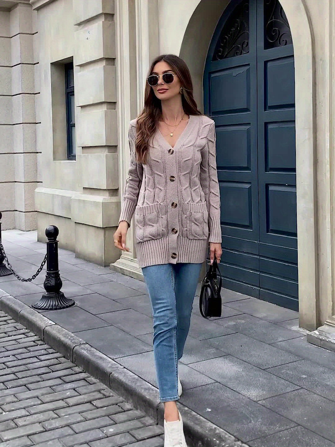 Elegant Women's Cable-Knit Cardigan - Cozy Button-Up V-Neck Sweater Jacket with Pockets, Long Sleeves in Heather Gray, 100% Polyester, Machine Washable for Fall/Winter