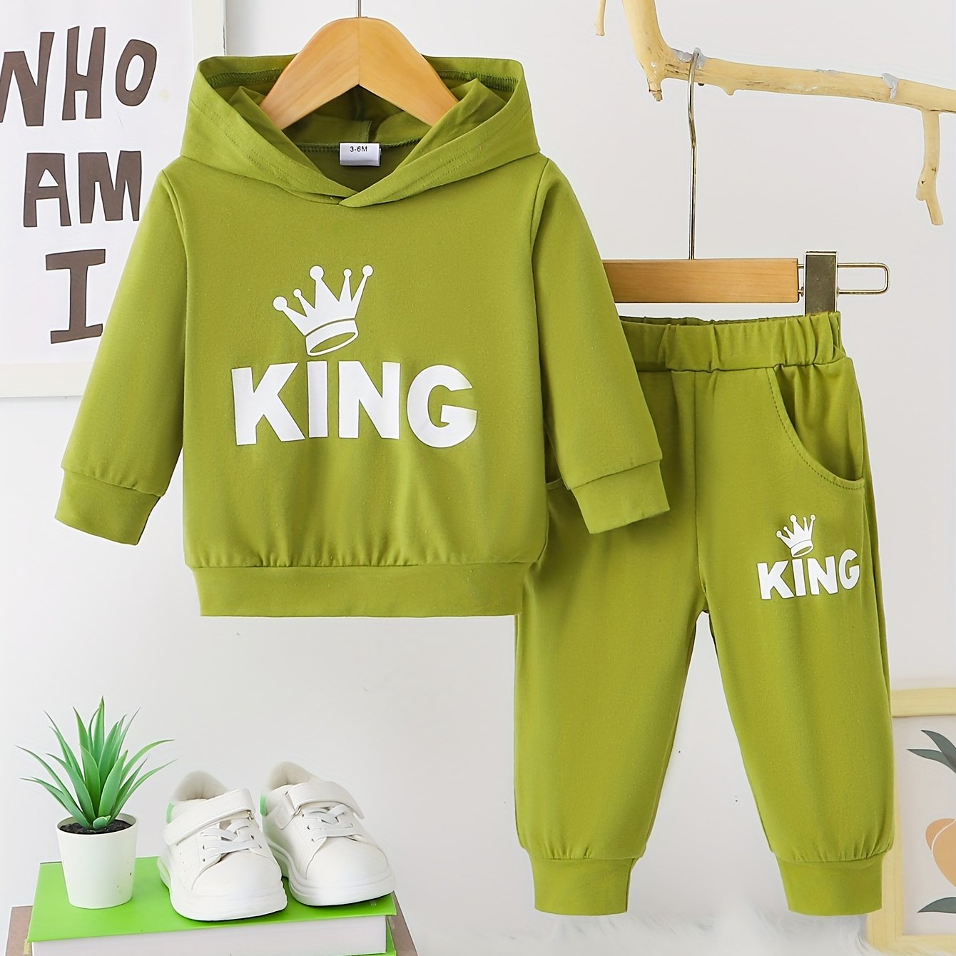 2 հատ Baby Boy's Casual Fashion Outfit Hooded KING Print երկարաթև մարզաշապիկ + շալվար բացօթյա հավաքածու