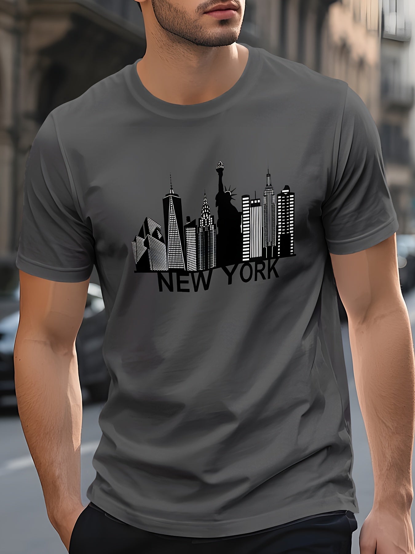 Men's Quick-Dry Summer T-Shirt with New York City Skyline Graphic Print - Breathable Moisture-Wicking Fabric, Regular Fit Round Neck Tee for Casual Outdoor Wear, Machine Washable, Comfortable Fit