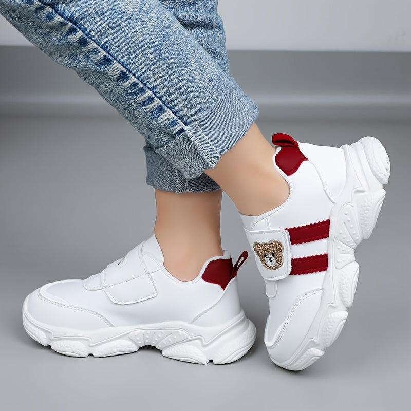 Girls' White Sneakers - Cute Cartoon Bear Design, Casual Low-Top Style with Hook-and-Loop Fastener, Comfortable Microfiber Synthetic Upper, All-Season Wear for Youngsters, Everyday Youngsters's Shoes | Playful Youngsters Snea