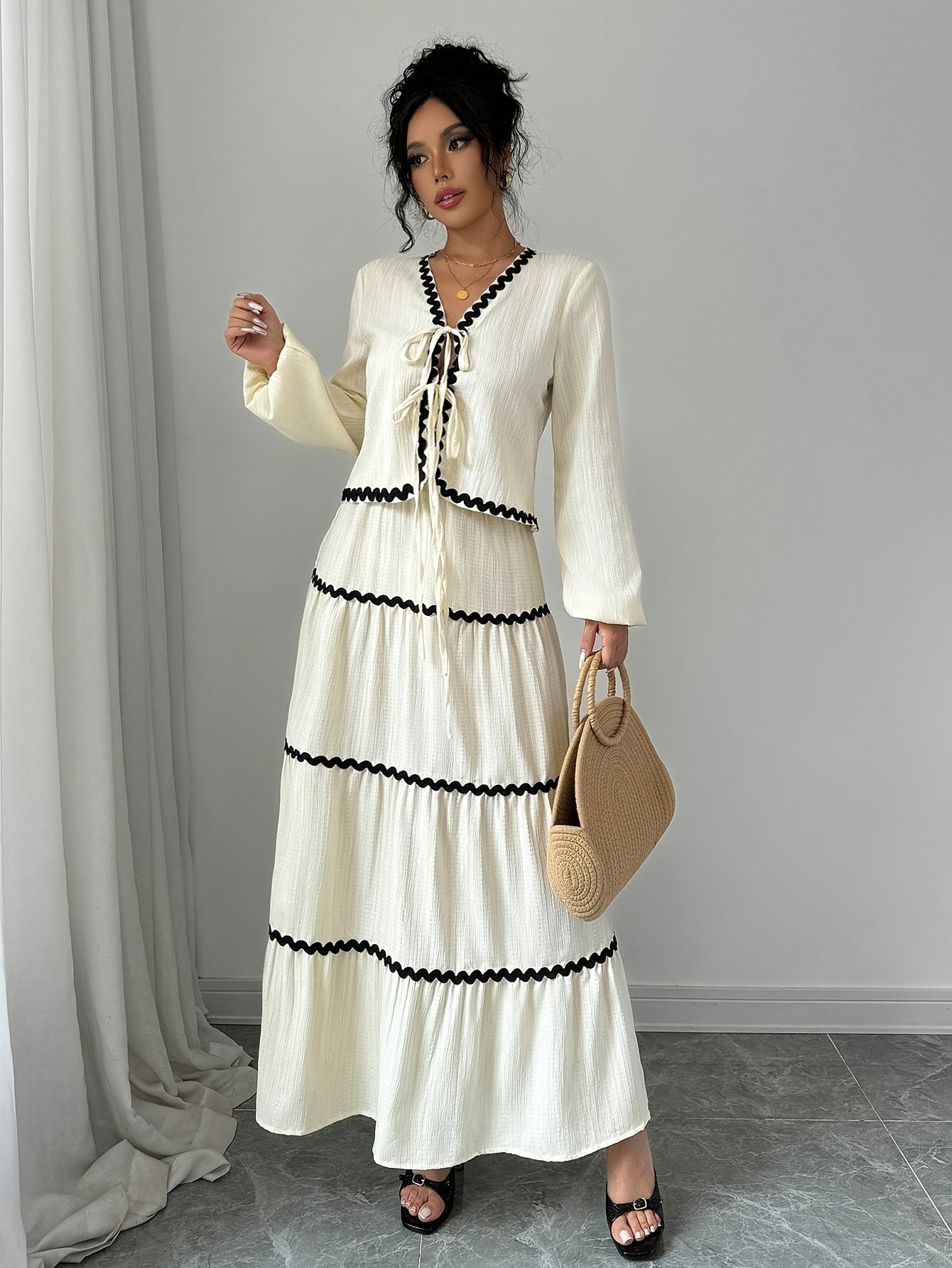 Women's Elegant French Style Lantern Sleeve Ruffle Hem Bow Dress and Skirt Set