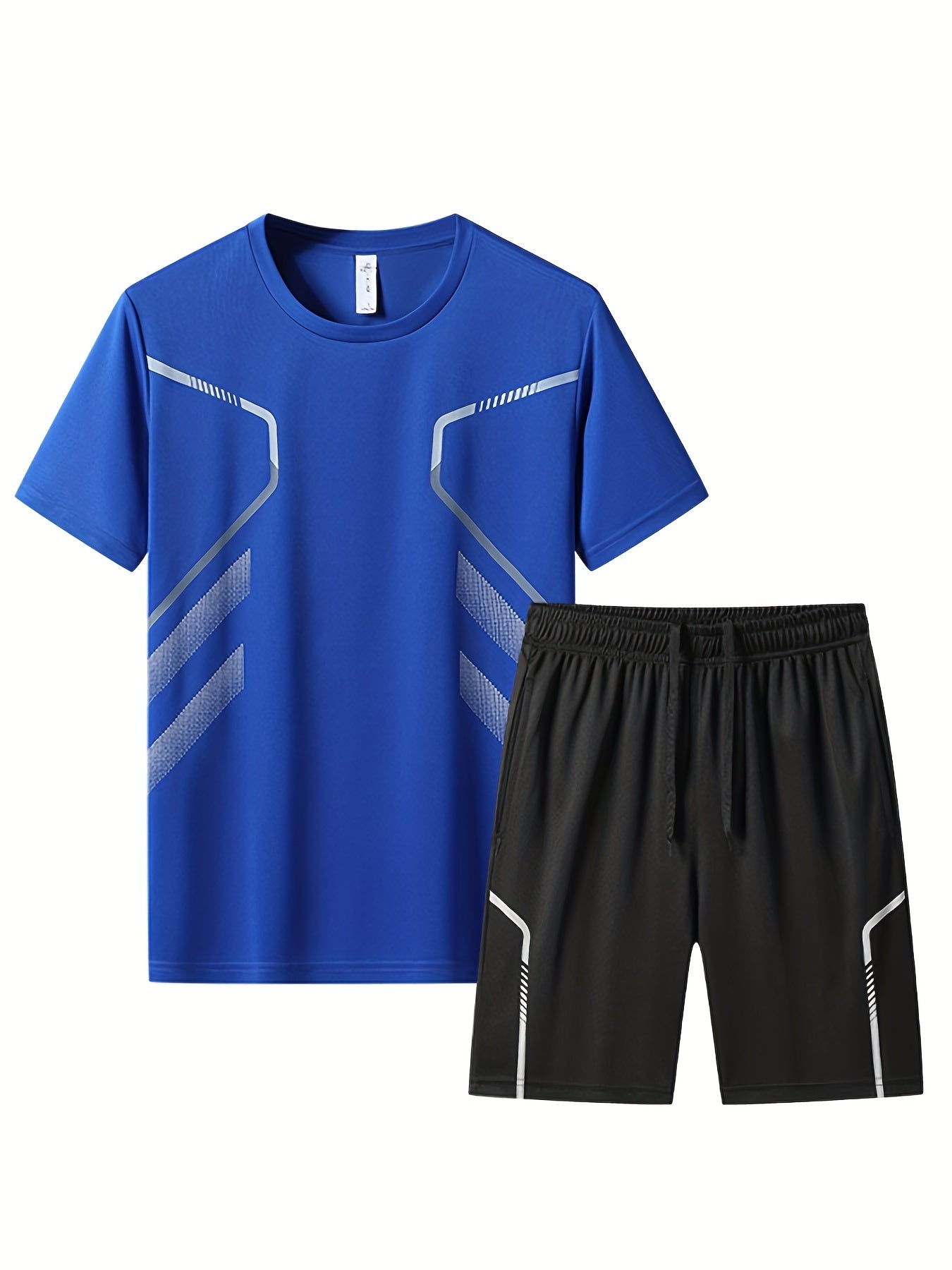 2pcs Men's Summer Sportswear Set - Comfortable Polyester Crew Neck T-Shirt & Black Drawstring Shorts with Side Stripe, Casual Style, Easy Care, Athletic Shorts