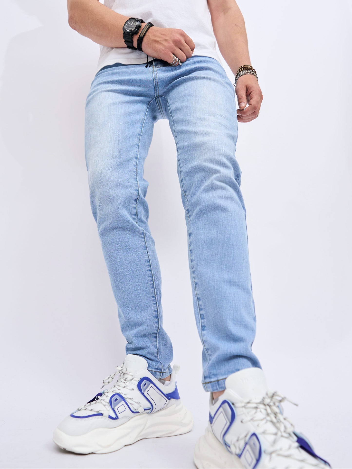 Men's Trendy Cotton Blend Slim Fit Jeans, Chic Street Style Male Bottoms For Causal Daily Wear