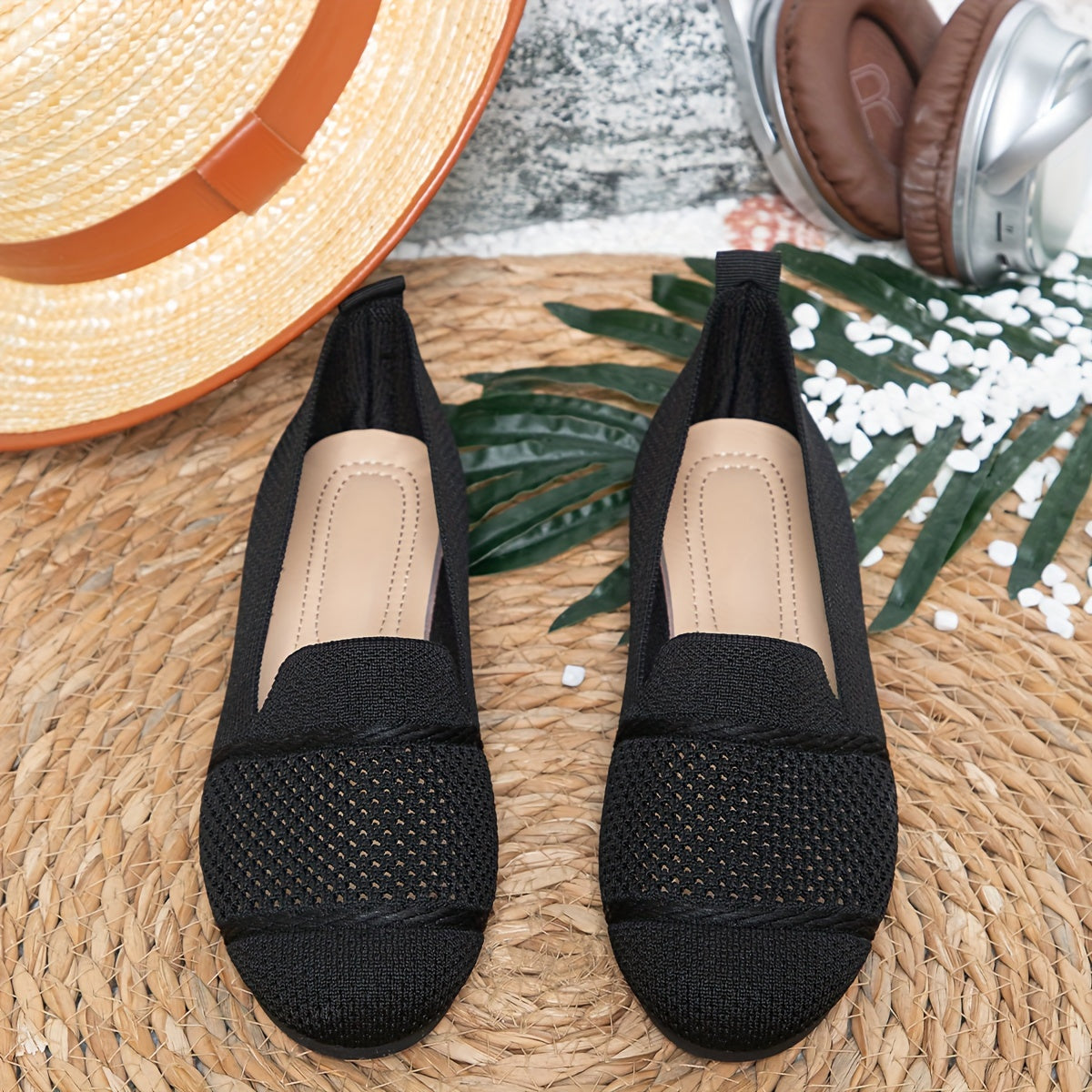 Women's Solid Color Knitted Flats, Lightweight Flat Soft Sole Walking Shoes, Round Toe Daily Footwear