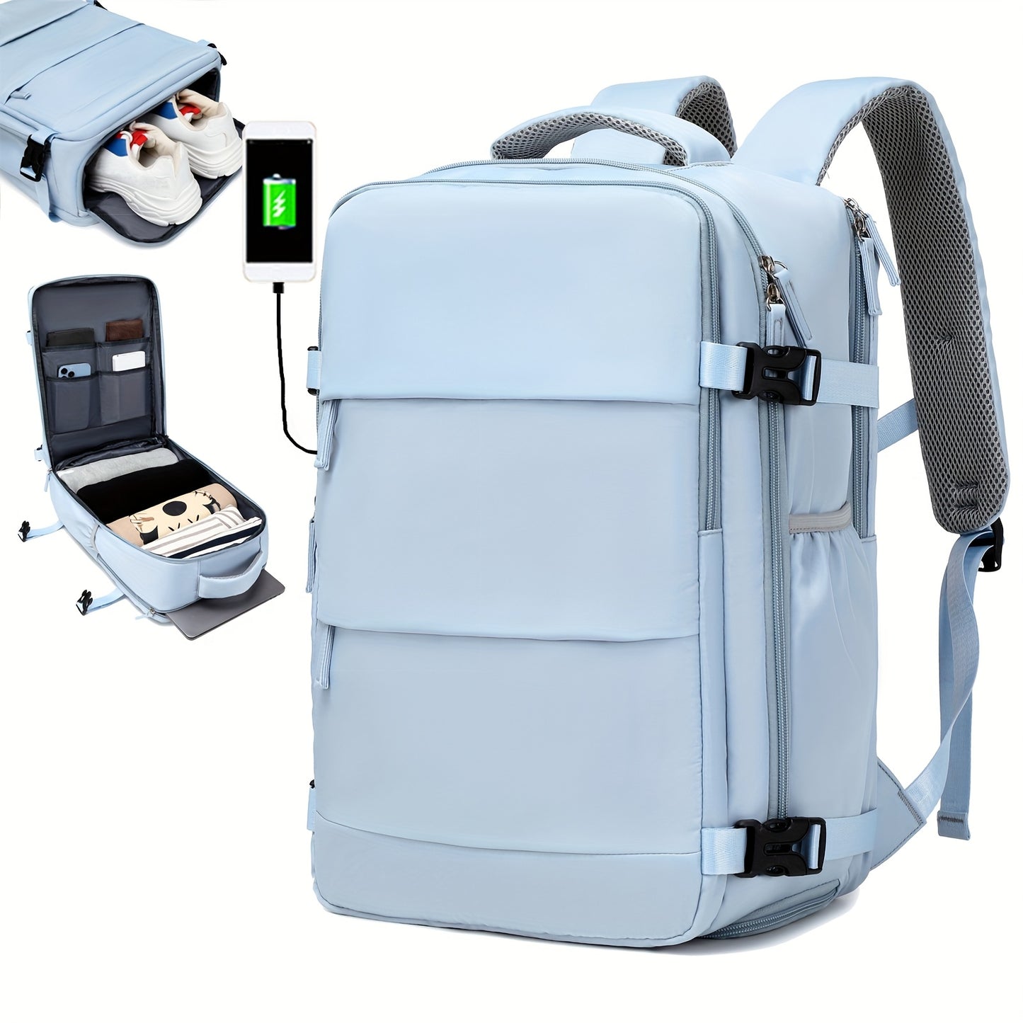 Large Capacity Women'S Travel Backpack with Shoe Compartment, Flight Approved Carry-On, Business Laptop Bag, Polyester Lined, Adjustable Strap, Zipper Closure, Solid White, USB Powered