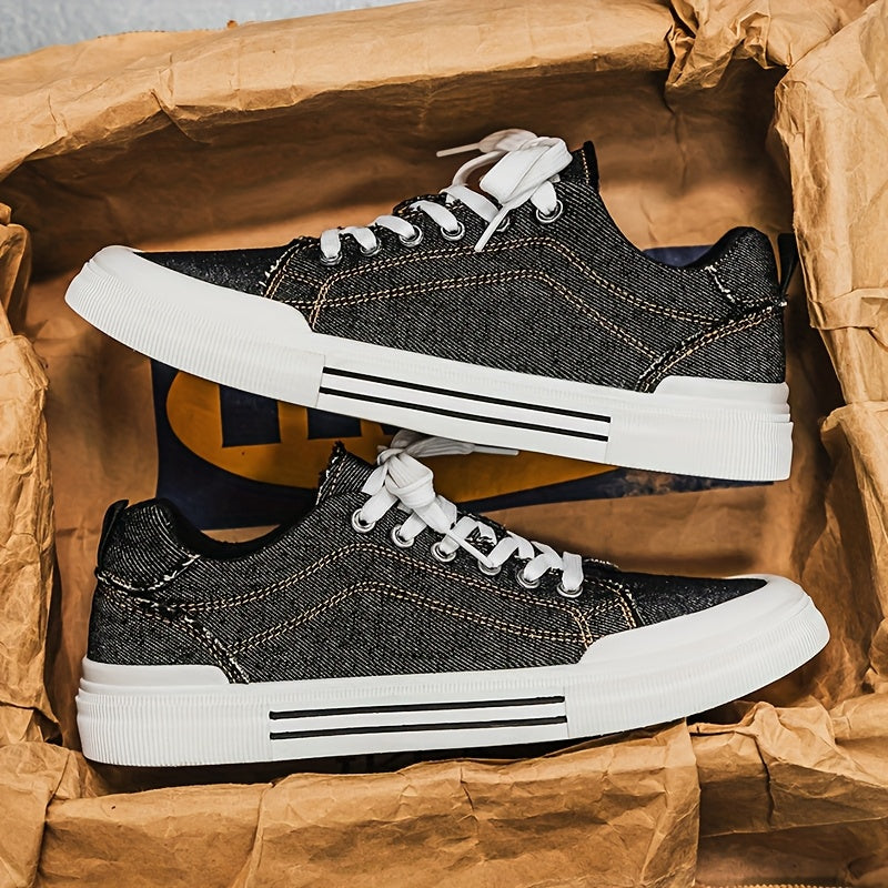 Men's Casual Canvas Sneakers - Trendy Blue Denim Low-Top Lace-Up Shoes with White Rubber Sole, Durable & Comfortable for Casual Attire, Street Style, and Outdoor Activities, Casual Sneakers | Trendy Footwear | Durable Sneaker