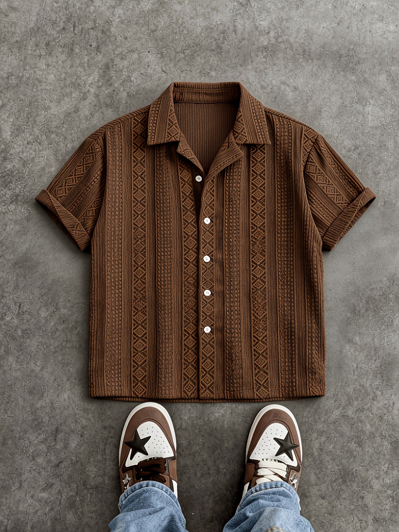Men's Summer Lapel Shirt & Shorts Set with 3D Diamond Texture