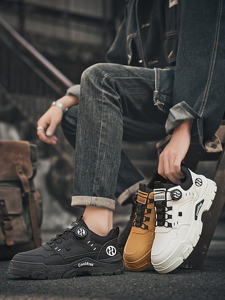 Men's Solid Color Skate Sneakers - Adjustable Rotating Buckle Straps, Slip-Resistant PVC Sole Durable PU Upper, Low-Top Lace-Up Design for Hiking, Walking, Daily Wear - All-Season Casual Streetwear Shoes, Skate Shoes