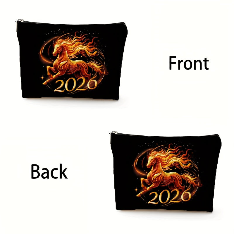 2026 Year of the Horse Chinese New Year Makeup Bag - Large Capacity Golden Horse & Red/Golden Auspicious Patterns Case, Durable Zipper Closure, Beige Gift for /, /Guys, Lunar New Year or Horse Lover Present
