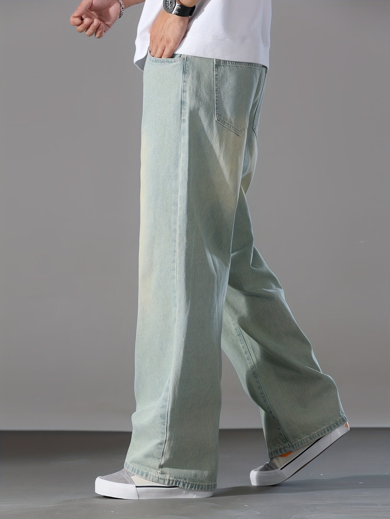 Men's Loose Solid Denim Barrel Pants With Pockets, Causal Cotton Blend Jeans For Outdoor Activities