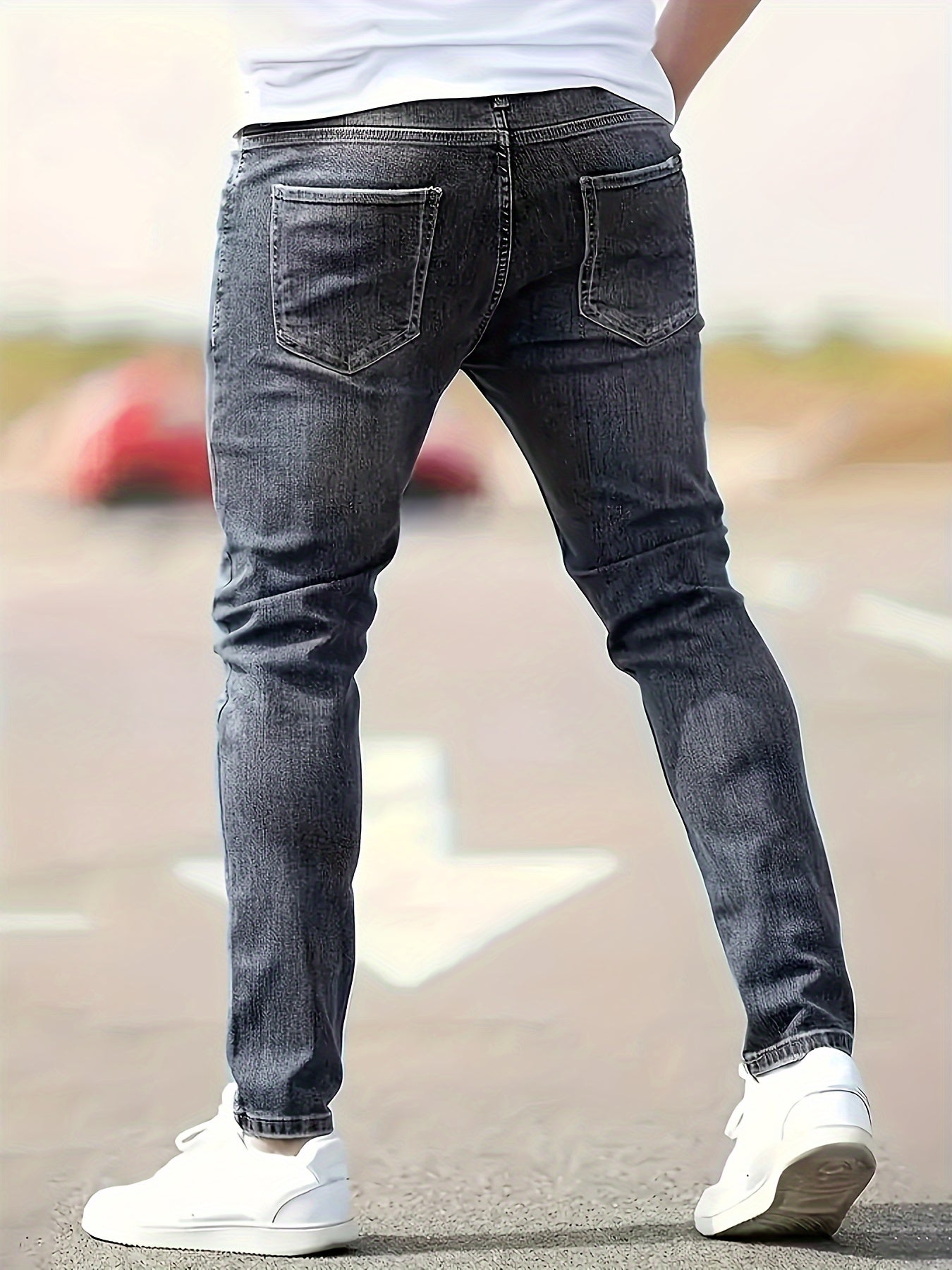 Men's Slim Fit Stretch Denim Jeans - Casual, Breathable & Machine Washable with Ripped Detail