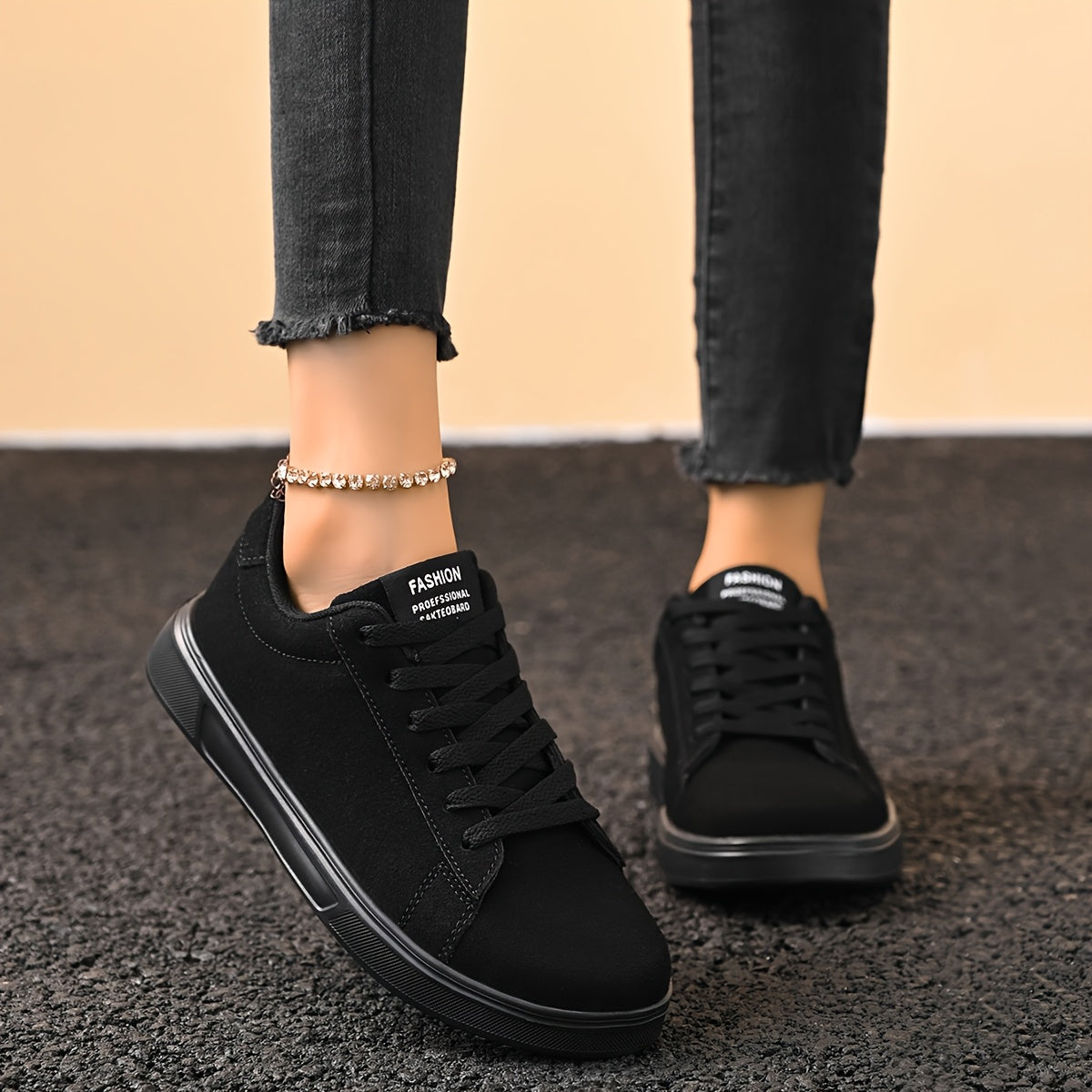 Women'S Simple Solid Black Lace-Up Flats, Comfortable Skate Shoes, Casual Versatile, for Couples, with Stability Support, Lightweight EVA Sole, for All-Season Road Running, Daily Wear, Outdoor Hiking, Sports