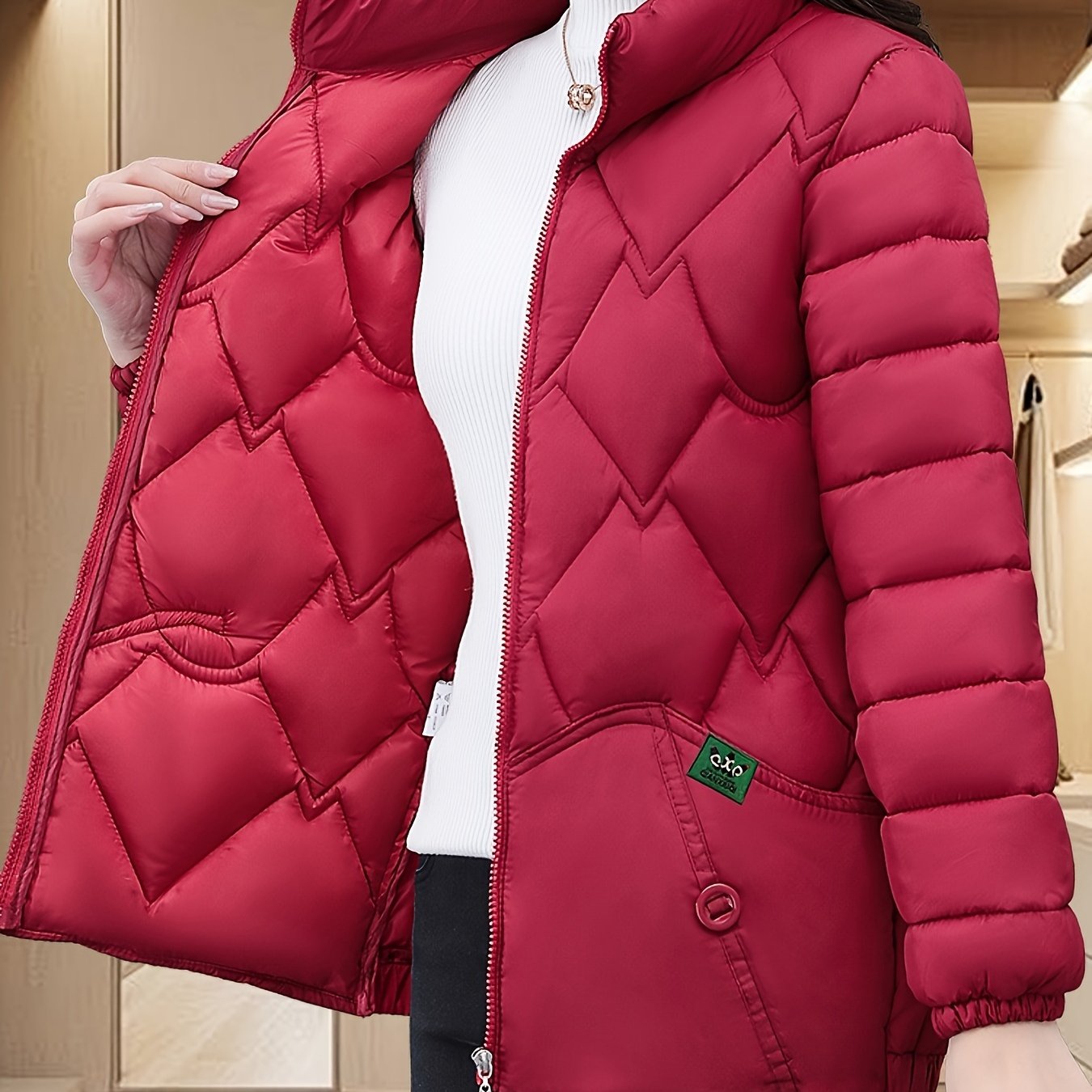 Women'S Embroidered Quilted Jacket, Casual Long Sleeve Polyester Coat, Non-Stretch H-Contoured Regular Fit, Pleated Hem, Thick Warm Winter Outerwear for Middle-Aged Moms
