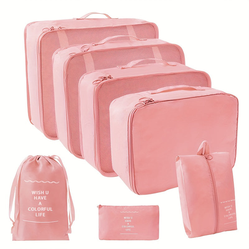 7pcs Pink Travel Organizer Set - Durable Polyester Packing Cubes with Inspirational Quotes, Includes Clothes, Underwear, Shoe, Cosmetic & Toiletry Bags for Efficient & Stylish Storage