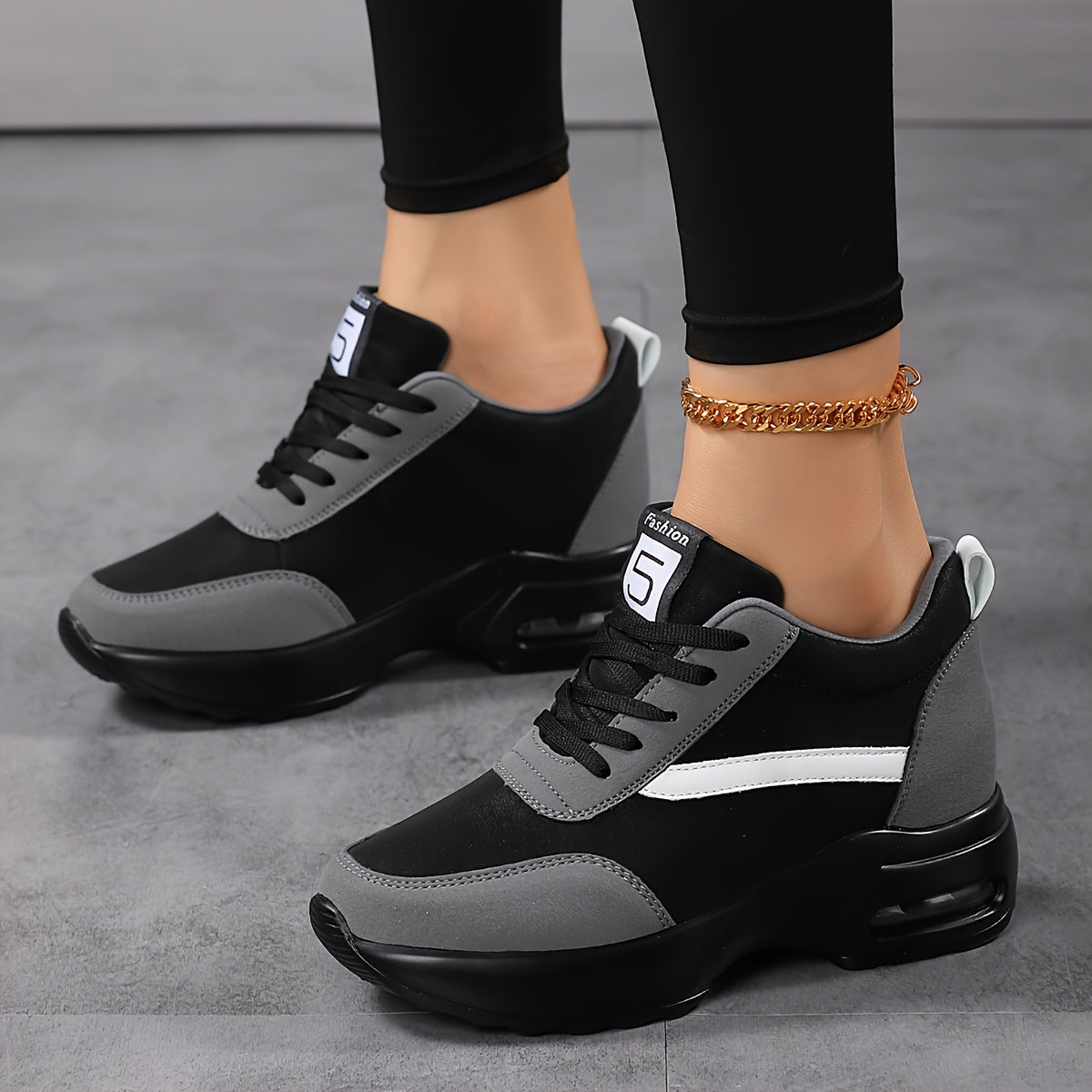Women's Chunky Platform Casual Sneakers with Thick Cushioned Sole, Breathable Fabric Lining Synthetic Cover Upper - Black Grey Lace-Up Shoes for All-Season Comfort