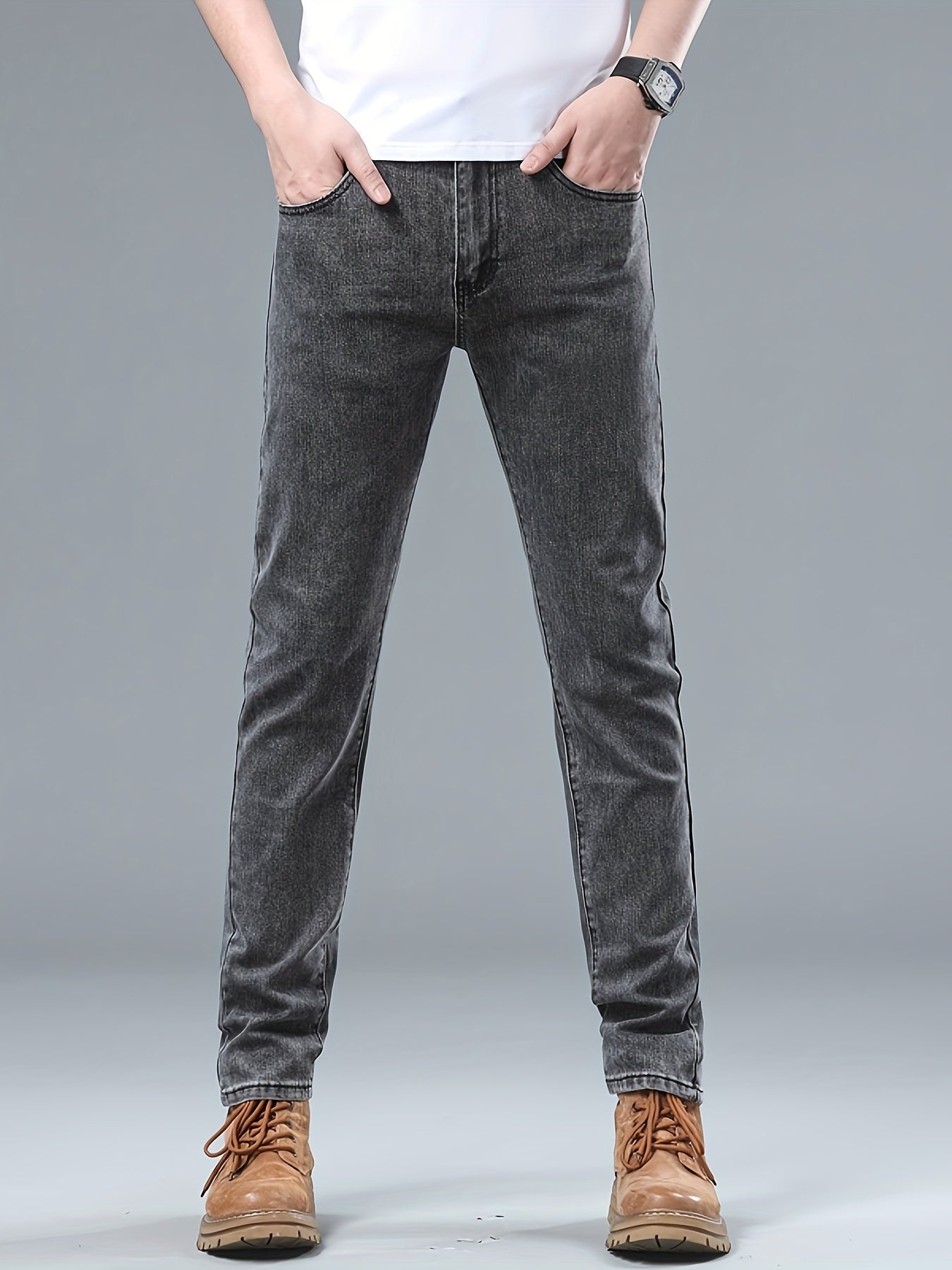 Men's Slim Fit Grey Jeans - Cotton Blend, Machine Washable, All-Season Denim Pants for Teens