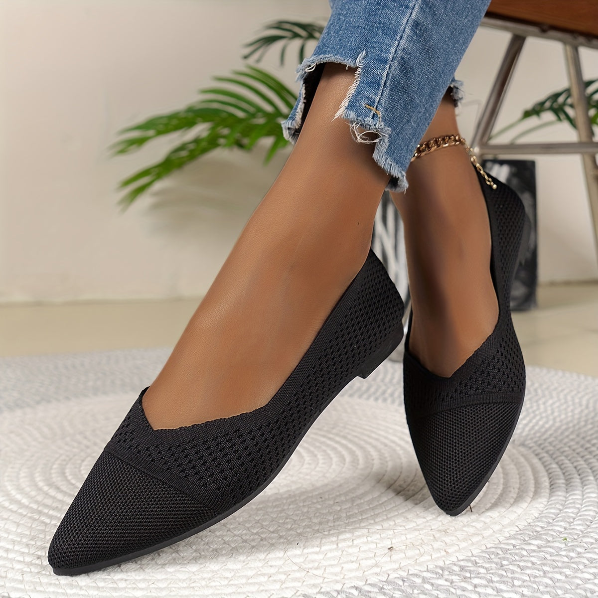 Women's Fashion Flat Shoes, Casual Pointed Toe Knit Flats, Breathable & Comfort Slip-On Ballet Shoes For Daily Wear