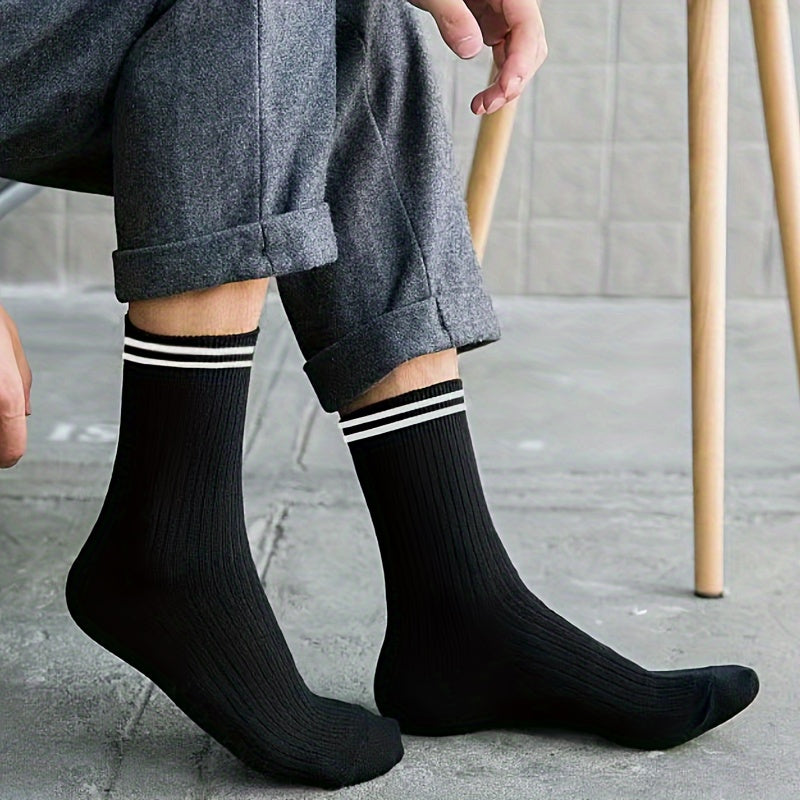 5/10 Pairs Men's Athletic Crew Socks, Striped Polyester Knit Fabric with 5% Spandex, Moisture-Wicking Casual Sports Tube Socks for Spring and Autumn