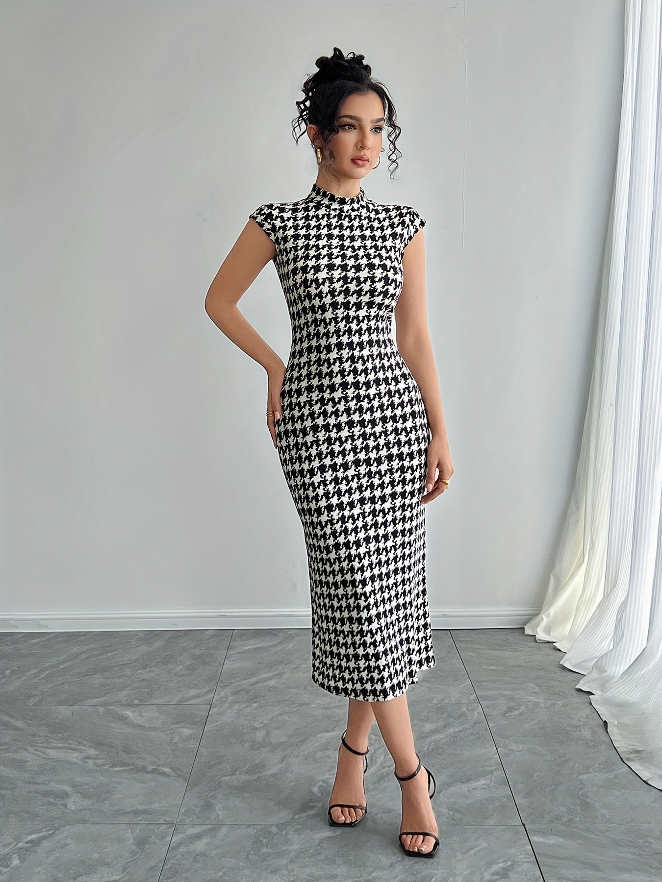 Էլեգանտ Houndstooth Color Block Bodycon զգեստ՝ կլոր վզով, պոլիեսթեր, լվացվող մեքենայում՝ կատարյալ երեկույթների և երեկոյան միջոցառումների համար