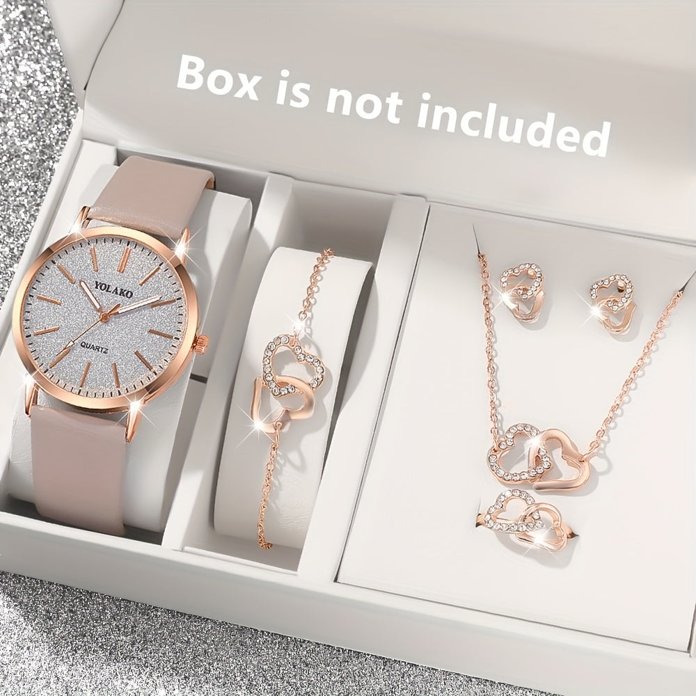 Minimalist and Elegant 6pcs Women's Quartz Watch Round Alloy Case, Simple Dial, Unique Heart Shaped Jewelry Set - Perfect Gift for Any Occasion, Elegant Accessory for Work, Ideal Choice for Halloween Gifts, Thanksgiving Gifts