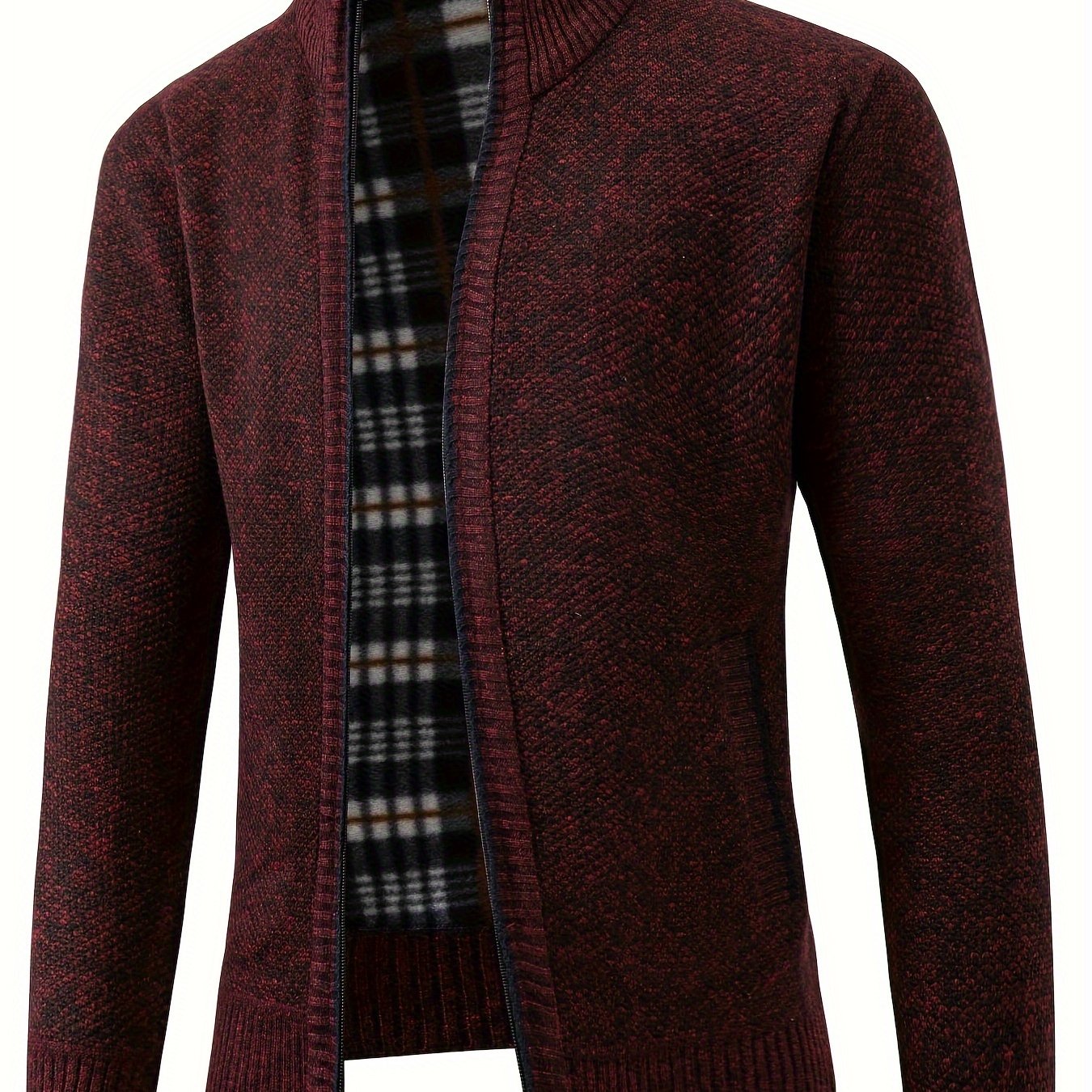 Men's Solid Fleece Knitted Cardigan With Pockets, Casual Long Sleeve Turtle Neck Zip Up Warm Sweater For Winter Fall Outdoor Activities