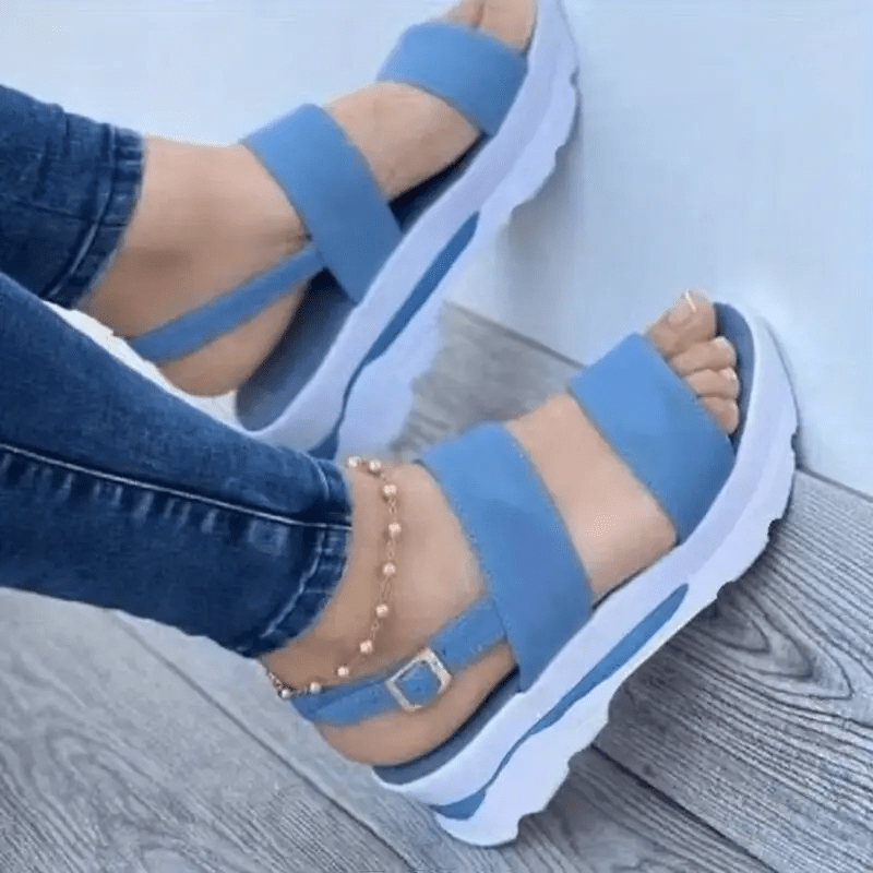 Mhysa Women's Comfortable Open-Toe Platform Sandals with Thick Sole & Golden Buckle Strap - Summer Casual White PU Cover Ankle Strap Sandals for Casual Attire, Ladies Sandals