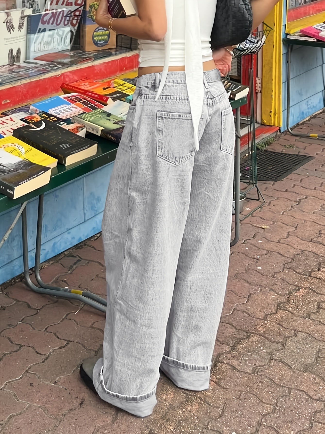 Women'S Casual Mid-Waist Wide Leg Jeans, 76% 13% Viscose 11% Polyester, Non-Stretch Denim, Solid Color, Washed Finish, Long Length, Zipper Fly, All Seasons, Woven Fabric, 390g/m² - Trendy Retro Loose Fit