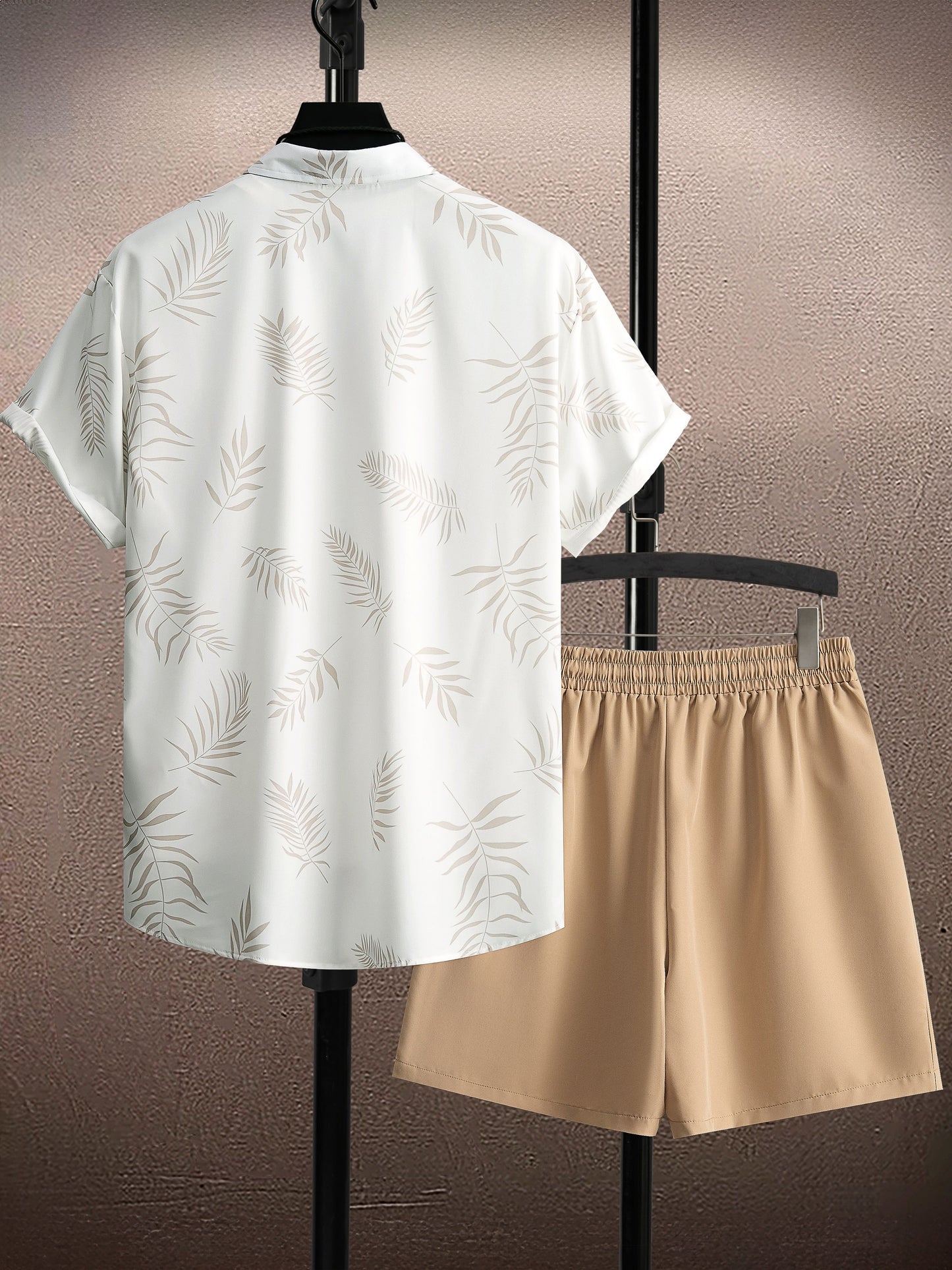 Men'S Casual Two-Piece Summer Outfit - Leaf Print Button-Up Shirt with Drawstring Shorts, Light Brown and White, Polyester, Relaxed Fit, Perfect for Beach or Casual Attire, Beach Attire|Tropical Print|Polyester Fabric