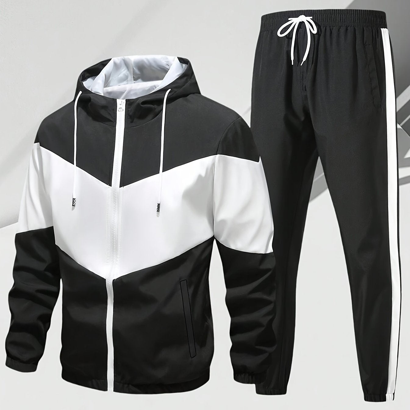 Men'S Casual 2pcs Sports Suit Unisex Couple All-Season Spring/Autumn Color Block Tracksuit with Hooded Cardigan, Zippered Jacket, Long Sleeve Coat, Joggers, Gym, Running, Outdoor Outfit, Elastic Pants, Hoodie, Top, Pants, Two