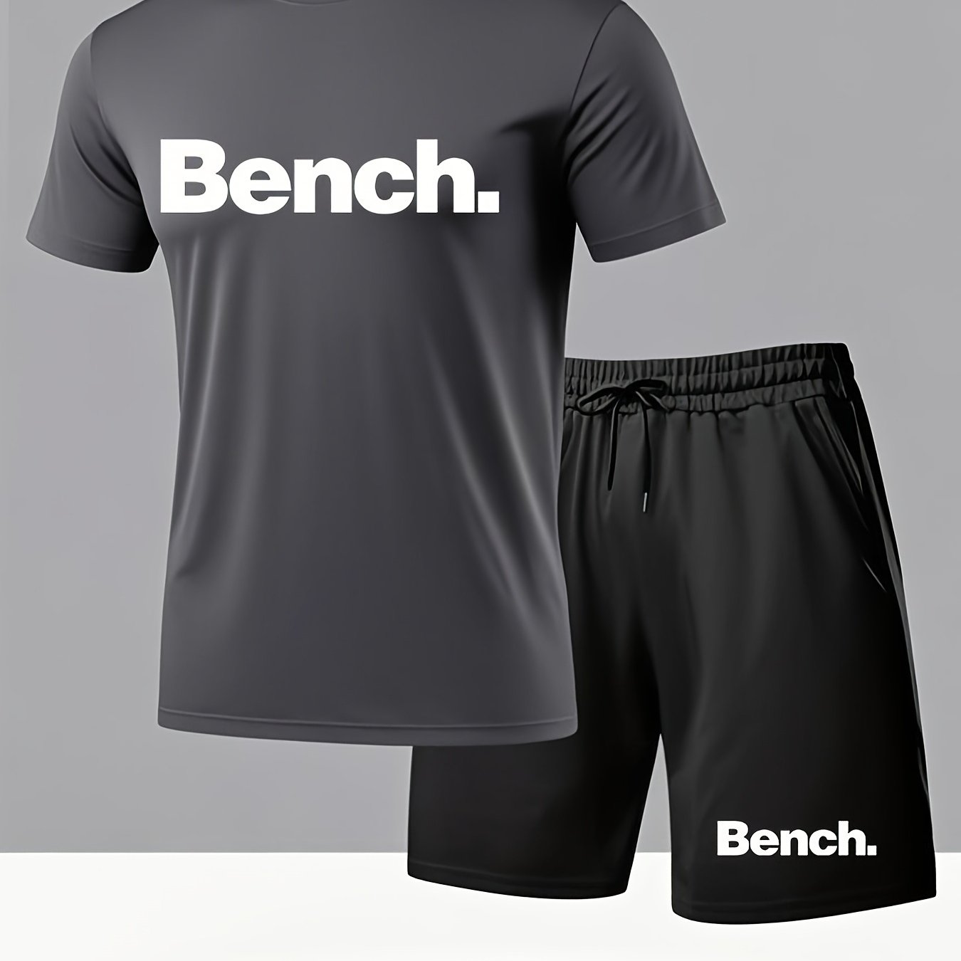 Summer Men'S Casual Sports Short Sleeve T-Shirt and Shorts Set, Knitted Polyester Fabric, Comfortable Breathable, Bench. Letter Print Design - 2pcs