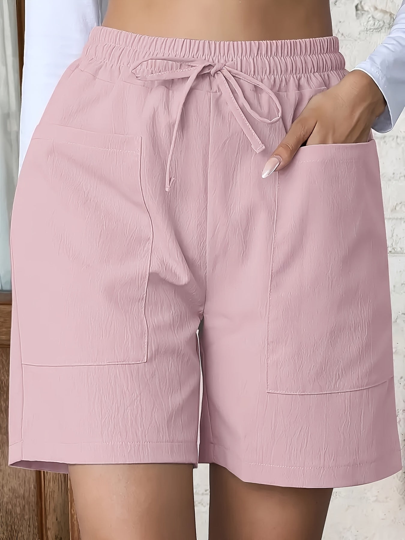 Light Pink Women's Casual High-Waist Wide-Leg Shorts with Tie Drawstring - Polyester, Non-Stretch, Smooth Texture, Summer Ready with Pockets