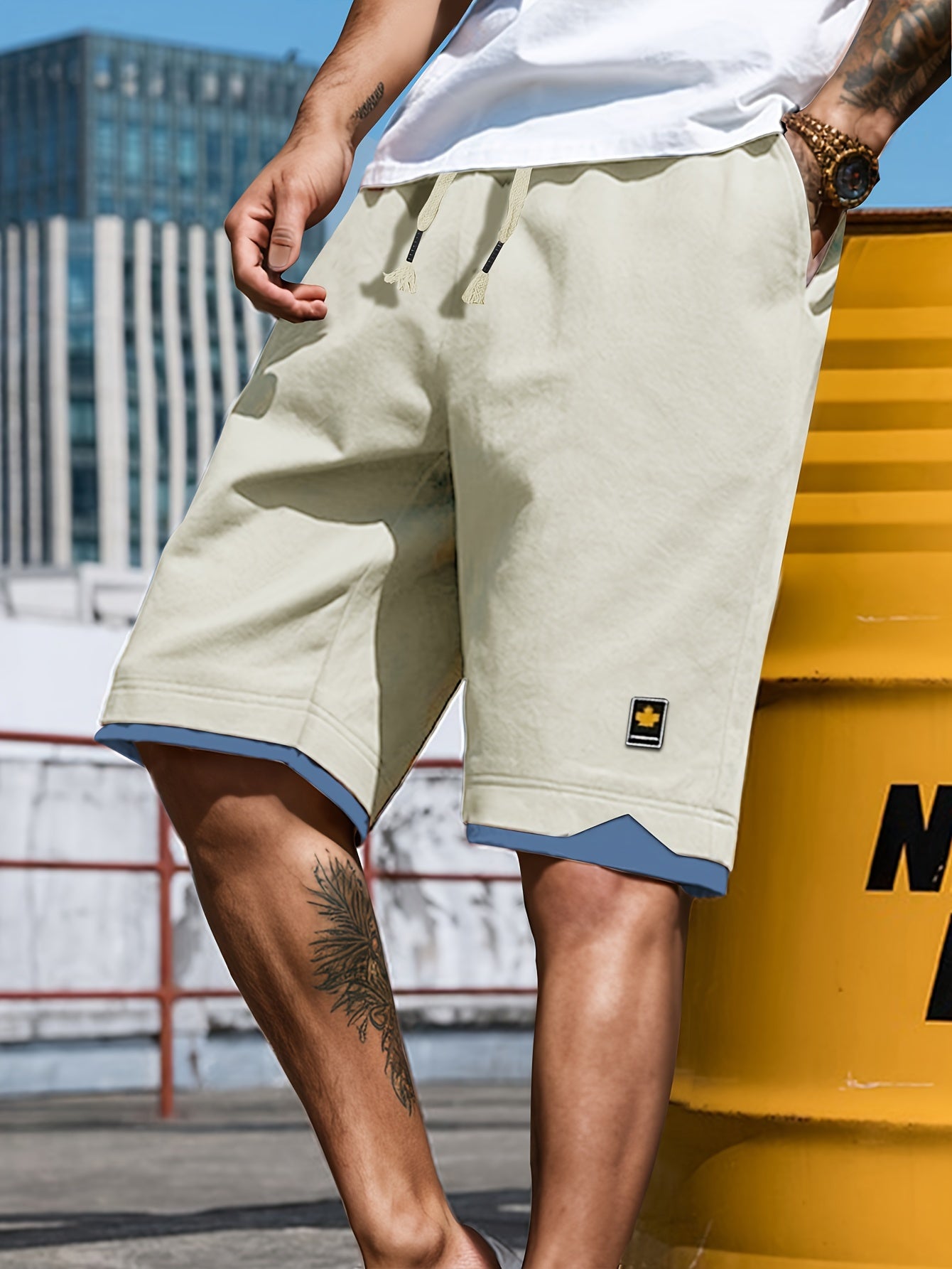 Men's Solid Shorts With Pockets, Casual Elastic Waist Fake Two-piece Drawstring Shorts For Summer