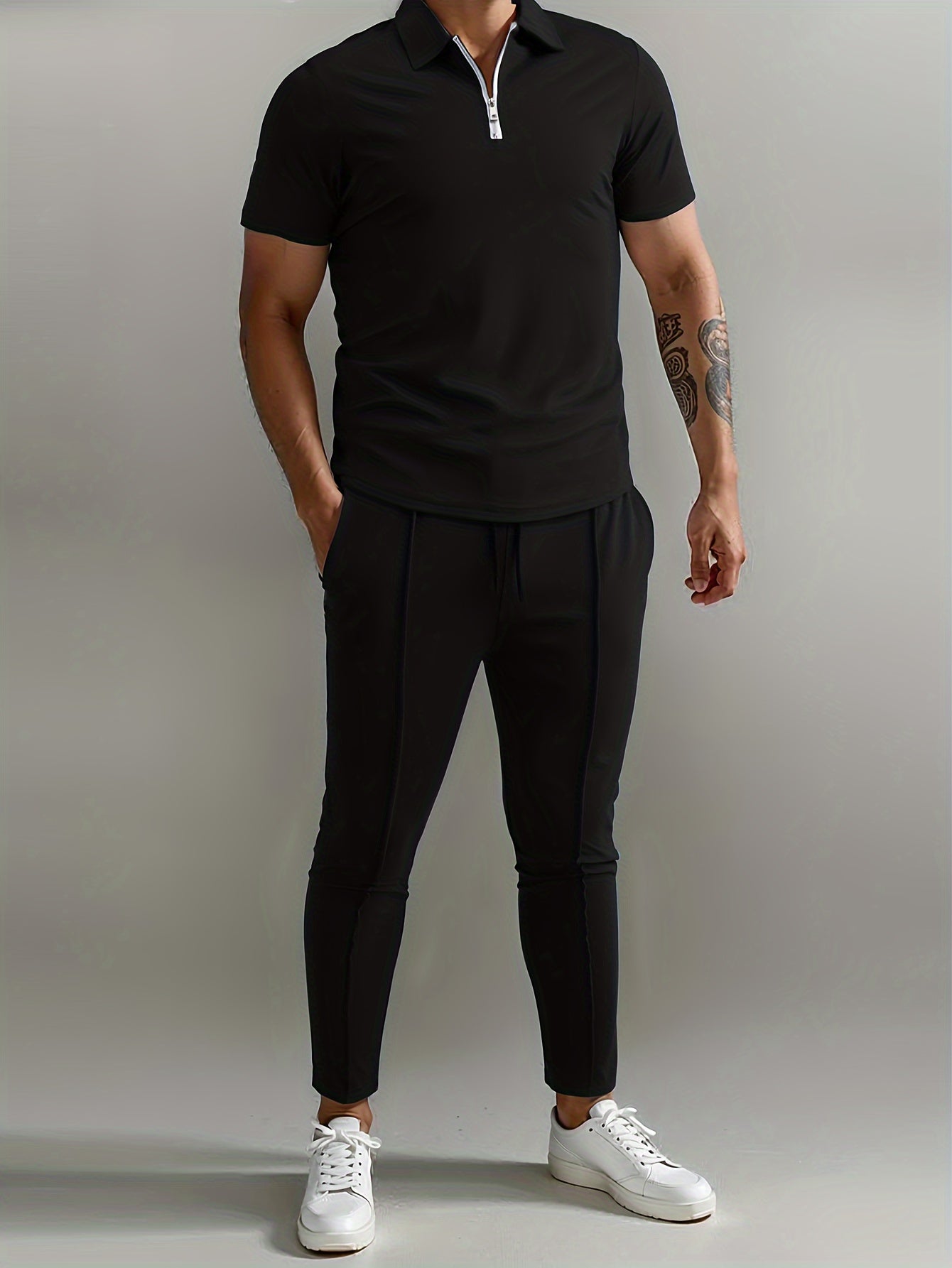 Men's Slim-Fit Casual & Joggers Set - Breathable Polyester, Short Sleeve, Summer Outdoor Wear
