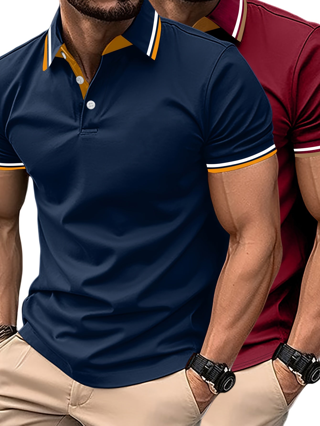 2pcs Men's Short-Sleeve Shirts with Contrast Collars - Lightweight Polyester, Pastel Blue & Pink, Turn- Collar, Button Closure, Regular Fit, Casual & Business-Casual Wear, Ideal for Summer or Gifting, Short Sleeve Tops