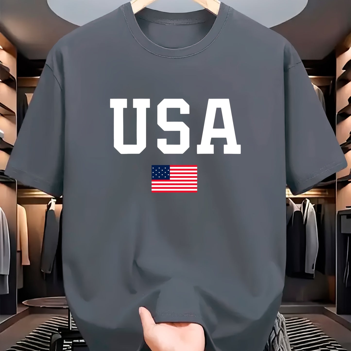 USA Flag Print Crew պարանոցի վերնաշապիկ, սովորական պոլիեսթեր տրիկոտաժե թիկնոց, թեթև ձգվող, այբուբենի ձևանմուշ, տրիկոտաժե դետալ, տղամարդկանց համար, ամառային կարճաթև շապիկ