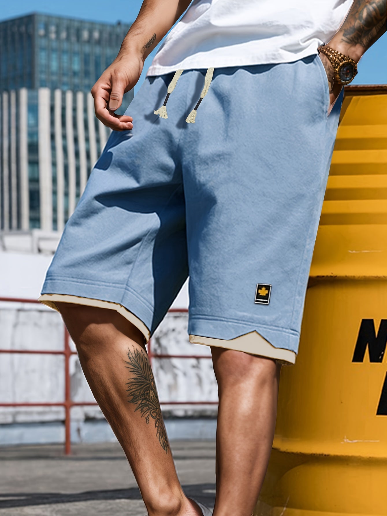 Men's Solid Shorts With Pockets, Casual Elastic Waist Fake Two-piece Drawstring Shorts For Summer