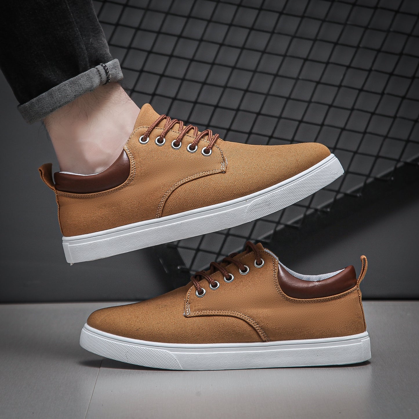 Men's Navy Blue Canvas Sneakers - Breathable, Durable, Non-Slip Casual Shoes with Brown Accents & White Sole - Perfect for Spring, Summer, and Fall Outdoor Wear, Everyday Sneakers | Casual Sporty Look | Breathable Canvas Uppe
