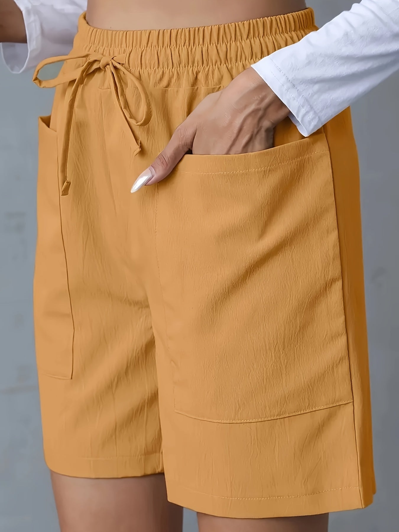 Light Pink Women's Casual High-Waist Wide-Leg Shorts with Tie Drawstring - Polyester, Non-Stretch, Smooth Texture, Summer Ready with Pockets