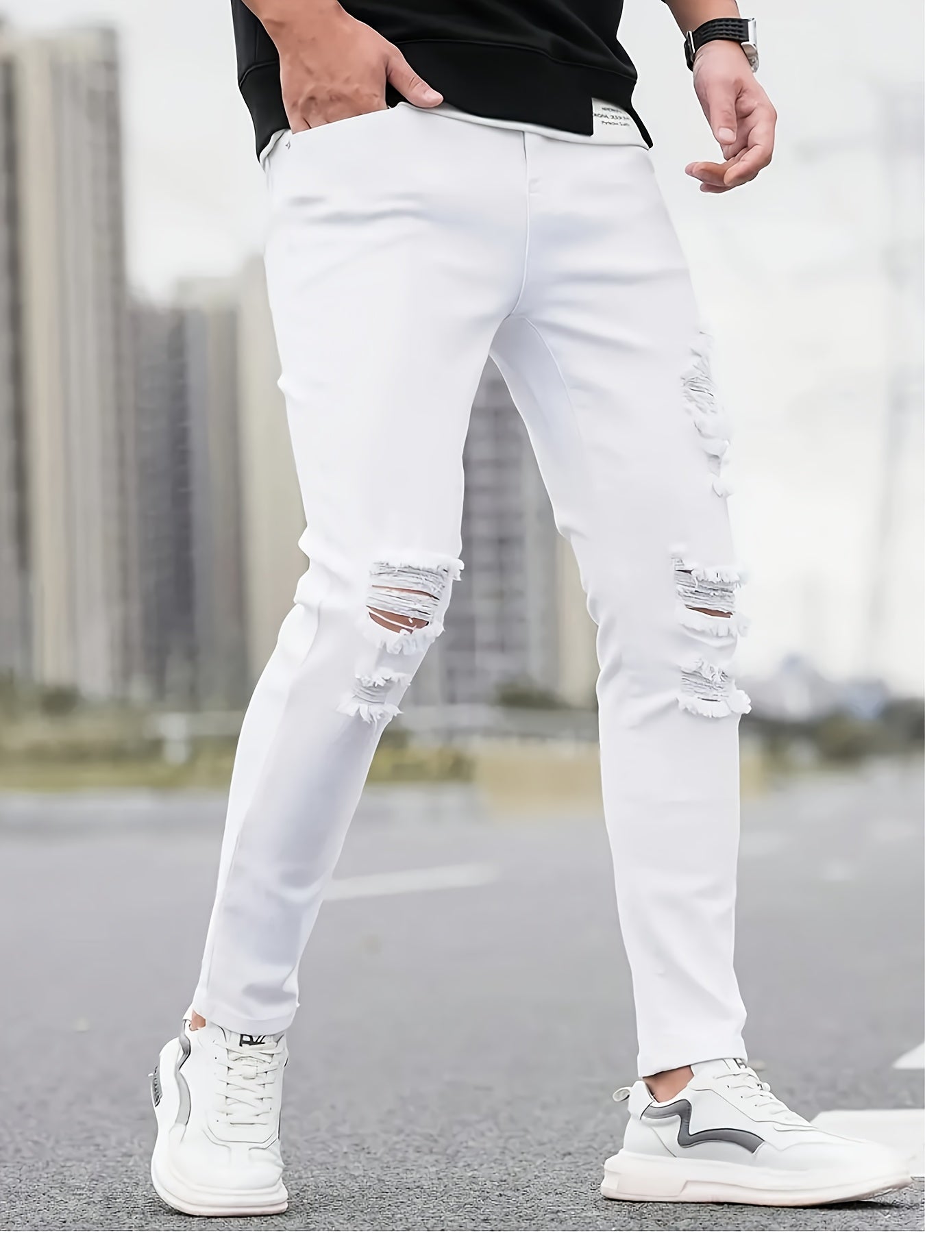 Men's Slim Fit Stretch Denim Jeans - Casual, Breathable & Machine Washable with Ripped Detail